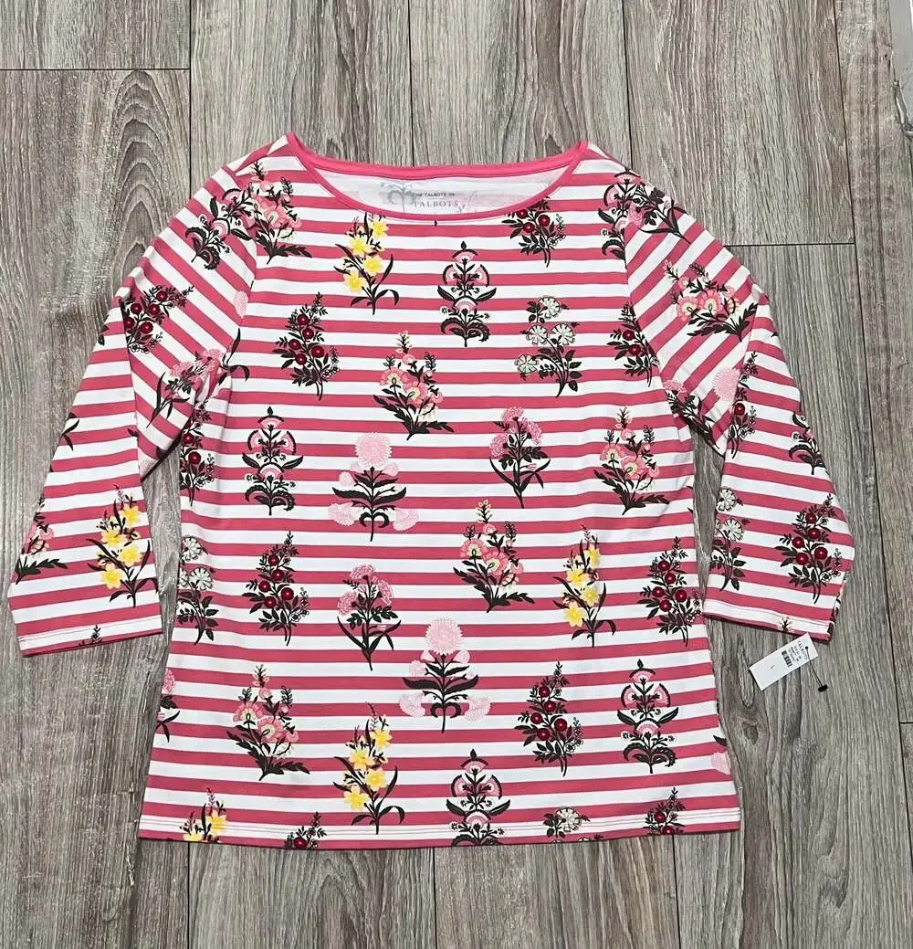Talbots Women's 3/4 Sleeve Striped Floral Print Cotton-Spandex Tee - Picture 2 of 5